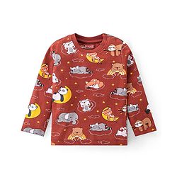 Babyhug Cotton Knit Full Sleeves Night Suit with Animal Print - Maroon