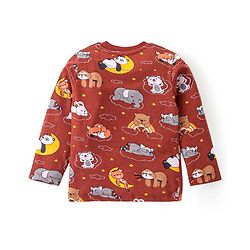 Babyhug Cotton Knit Full Sleeves Night Suit with Animal Print - Maroon
