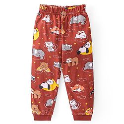 Babyhug Cotton Knit Full Sleeves Night Suit with Animal Print - Maroon
