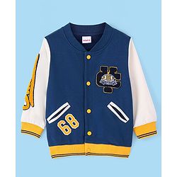 Babyhug Cotton Knit Full Sleeves Front Open Bomber Jacket with Patch Detailing - Blue