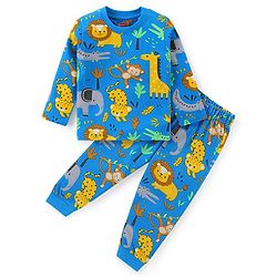 Babyhug Cotton Knit Full Sleeves Night Suit with Animal Print - Blue
