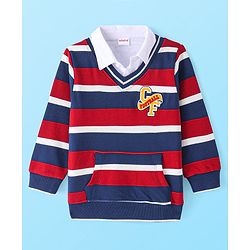 Babyhug Cotton Knit Full Sleeves Overlapped Striped T-Shirt With Embroidery Detailing & Kangaroo Pockets - Red