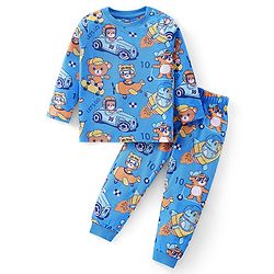 Babyhug Cotton Knit Full Sleeves Night Suit With Animals & Vehicles Print - Blue