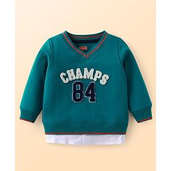 Babyhug Cotton Knit Full Sleeves Overlapped T-Shirt With Text Embroidery - Teal Blue