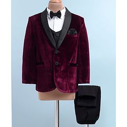 Babyhug Velvet Woven Full Sleeves 4 Piece Solid Colour Party Suit - Wine