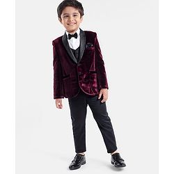 Babyhug Velvet Woven Full Sleeves 4 Piece Solid Colour Party Suit - Wine