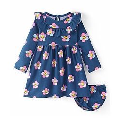 Babyhug Single Jersey Knit Full Sleeves Frock With Bloomer Floral Print & Frill Detailing- Navy