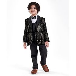 Babyhug Woven Full Sleeves Embroidered 4 Piece Party Suit With Bow - Black