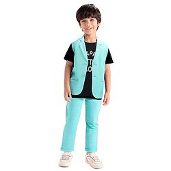 Babyhug Woven Half Sleeves Text Printed T-Shirt & Trouser With Waistcoat - Sea Green