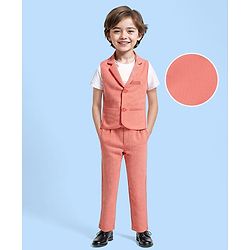 Babyhug Woven Half Sleeves Text Printed T-Shirt & Bottom Set with Waistcoat - Coral