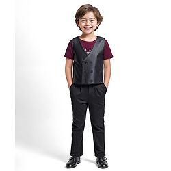 Babyhug Woven Half Sleeves T-Shirt & Trouser With Leather Finish Premium Waistcoat - Black & Maroon