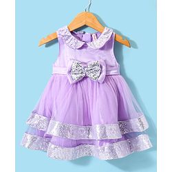 Babyhug Sleeveless Fit & Flared Tiered Sequinned Embellished Peter Pan Collared & Bow Applique Mesh Party Frock - Lavender
