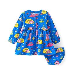 Babyhug Single Jersey Full Sleeves Frock with Bloomer Bear Print - Blue