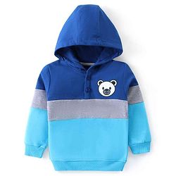 Babyhug Cotton Knit Full Sleeves Hooded Sweatshirt with Colour Block Design & Bear Print - Blue