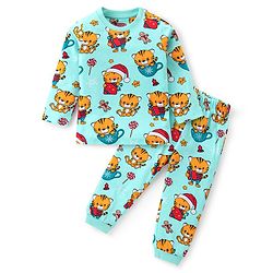 Babyhug Cotton Knit Full Sleeves Night Suit With Tiger Print - Aqua Blue