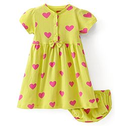 Babyhug Cotton Knit Half Sleeves Hearts Printed Henley Frock With Bloomer - Limegreen