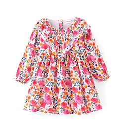 Babyhug Poplin Full Sleeves Knee Length Fit and Flare Frock Floral Print - White