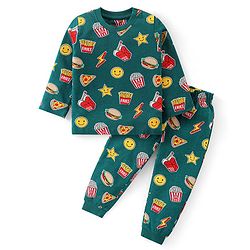 Babyhug Cotton Knit Full Sleeves Night Suit With Emoticons Print - Dark Green