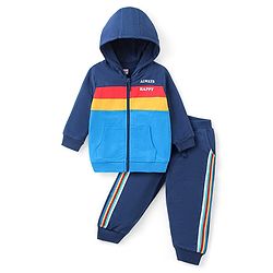 Babyhug Terry Knit Full Sleeves Colour Block Hooded Front Open Sweatjacket & Lounge Pant Set with Kangaroo Pockets Text Print - Navy Blue