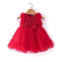 Babyhug Sleeveless Party Mesh Dress With Sequinned Yoke - Red