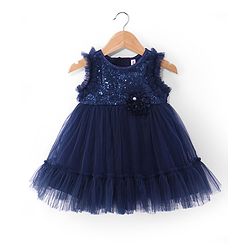 Babyhug Woven Sleeveless Fit & Flared Mesh Party Frock with Sequined Yoke Detailing & Floral Applique - Navy Blue