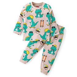 Babyhug Cotton Knit Full Sleeves Night Suit With Dino Print - Peach