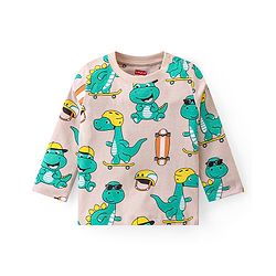 Babyhug Cotton Knit Full Sleeves Night Suit With Dino Print - Peach