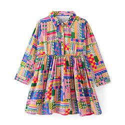Babyhug Poplin Full Sleeves Knee Length Shirt Dress with Abstract Print - Multicolor