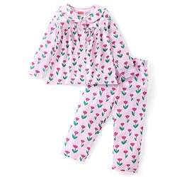 Babyhug Cotton Knit Full Sleeves Front Open Peter Pan Collared Night Suit With Floral Print - Pink