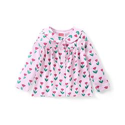 Babyhug Cotton Knit Full Sleeves Front Open Peter Pan Collared Night Suit With Floral Print - Pink