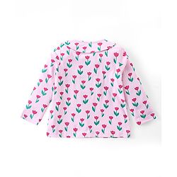 Babyhug Cotton Knit Full Sleeves Front Open Peter Pan Collared Night Suit With Floral Print - Pink