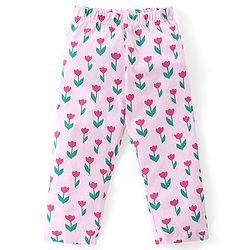 Babyhug Cotton Knit Full Sleeves Front Open Peter Pan Collared Night Suit With Floral Print - Pink