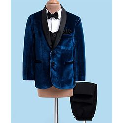 Babyhug Velvet Woven Full Sleeves 4 Piece Solid Colour Party Suit - Navy Blue