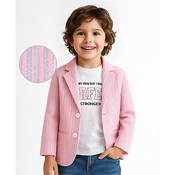 Babyhug Woven Full Sleeves Striped Embellished  Blazer with Text Printed T-Shirt - Pink & White