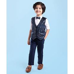 Babyhug Woven Full Sleeves Striped Foil Printed 3 Piece Party Suit - Navy Blue