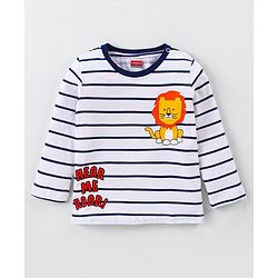 Babyhug Cotton Knit Full Sleeves T-Shirt with Stripes &  Lion Print - White