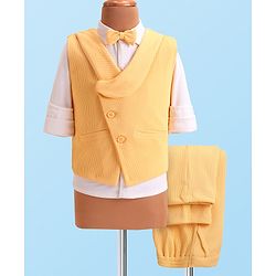Babyhug Woven Full Sleeves Solid Colour  3 Piece Party Suit with Bow - Yellow