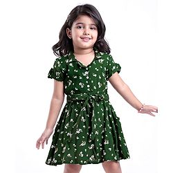 Babyhug Cotton Rayon Woven Half Sleeves Frock with Floral Prints - Dark Green