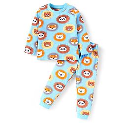 Babyhug Cotton Knit Full Sleeves Night Suit With Animal Print - Light Blue