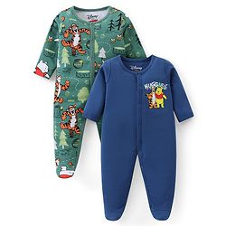 Babyhug Disney Cotton Knit Full Sleeves Sleep Suits With Winnie The Pooh Graphics Pack Of 2 - Blue & Green