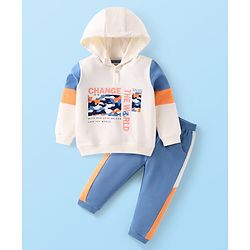Babyhug Terry Knit Full Sleeves Hooded Text Printed Sweatshirt &  Lounge Pant - White