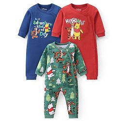 Babyhug Disney Interlock Knit Full Sleeves Rompers with Winnie the Pooh Graphics Pack of 3 - Red Green & Blue
