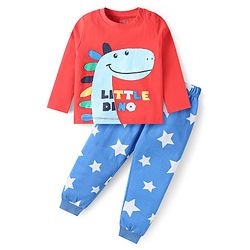 Babyhug Cotton Knit Full Sleeves Night Suit With Dino Print - Red & Blue