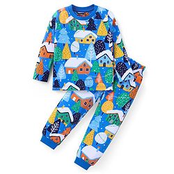 Babyhug Full Sleeves Night Suit with Christmas Theme Print -  Blue