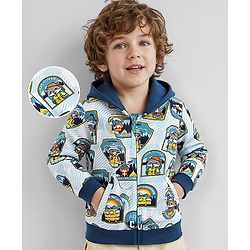 Babyhug Cotton Knit Full Sleeves Hooded Sweatjacket With Animals Print - White