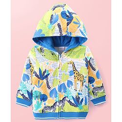 Babyhug Cotton Knit Full Sleeves Hooded Sweatjacket with Giraffe Print - Blue