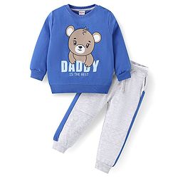Babyhug Terry Knit Full Sleeves T-Shirt & Lounge Pant Set with Text & Bear Print - Royal Blue & Grey