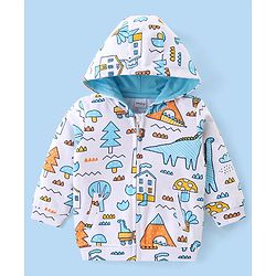 Babyhug Cotton Knit Full Sleeves Front Open Hooded Sweatjacket with Dino Print - White
