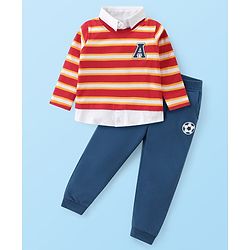 Babyhug Cotton Knit Full Sleeves Striped Overlapped T-Shirt & Lounge Pants Set With Appliques - Red & Blue