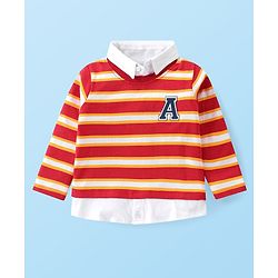 Babyhug Cotton Knit Full Sleeves Striped Overlapped T-Shirt & Lounge Pants Set With Appliques - Red & Blue